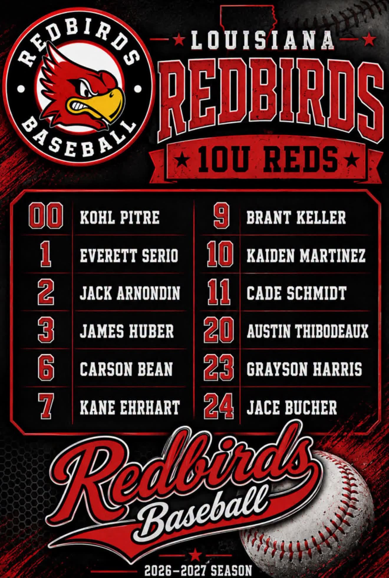 10U Reds team roster graphic for the 2026–2027 season.