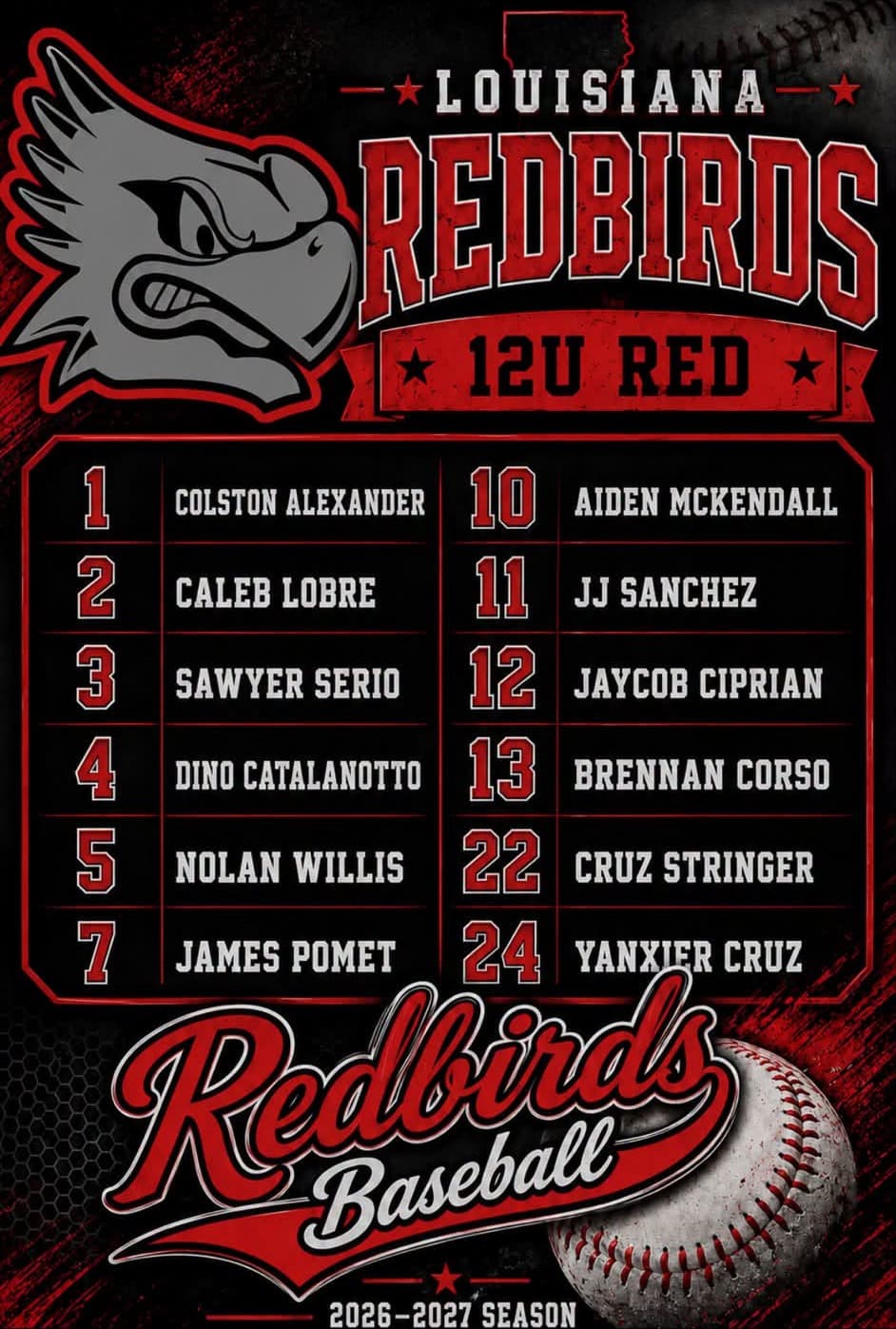 12U Red team roster graphic for the 2026–2027 season.