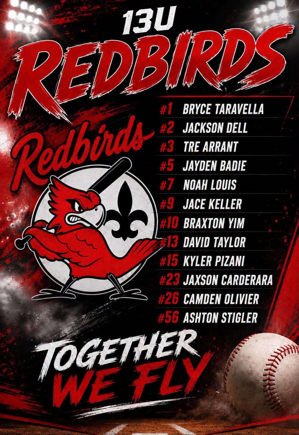 13U Redbirds team roster graphic for the 2026–2027 season.