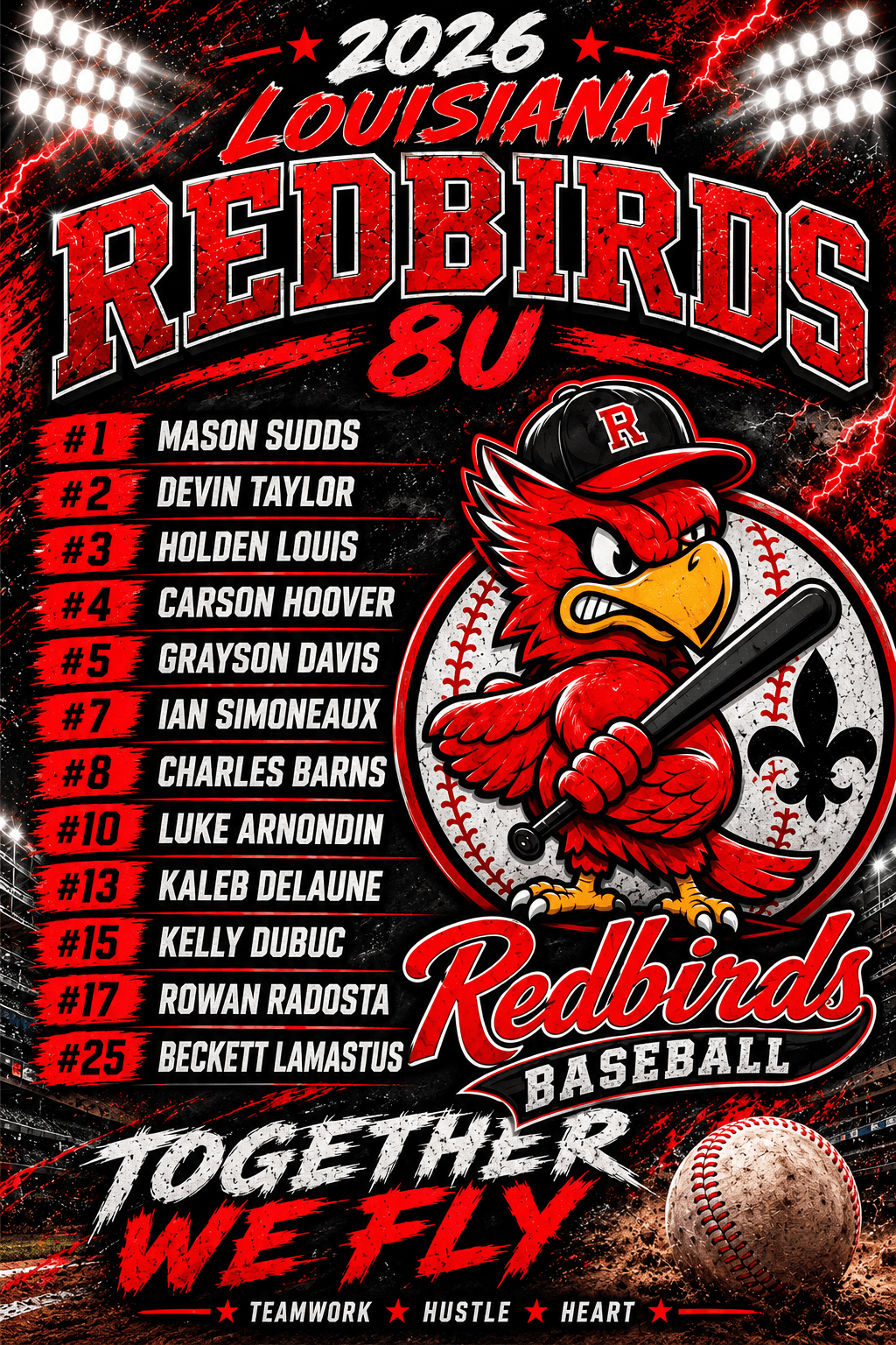 8U Redbirds team roster graphic for the 2026–2027 season.