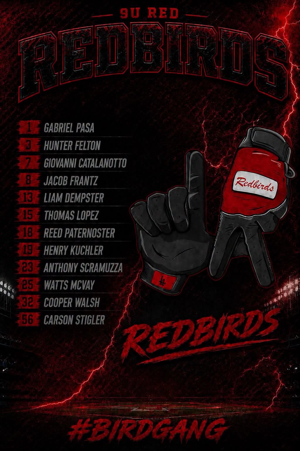 9U Red team roster graphic for the 2026–2027 season.