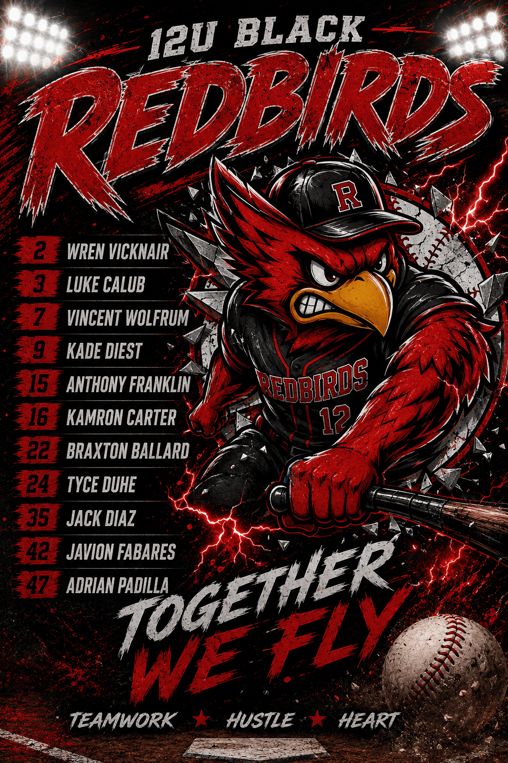 12U Black team roster graphic for the 2026–2027 season.