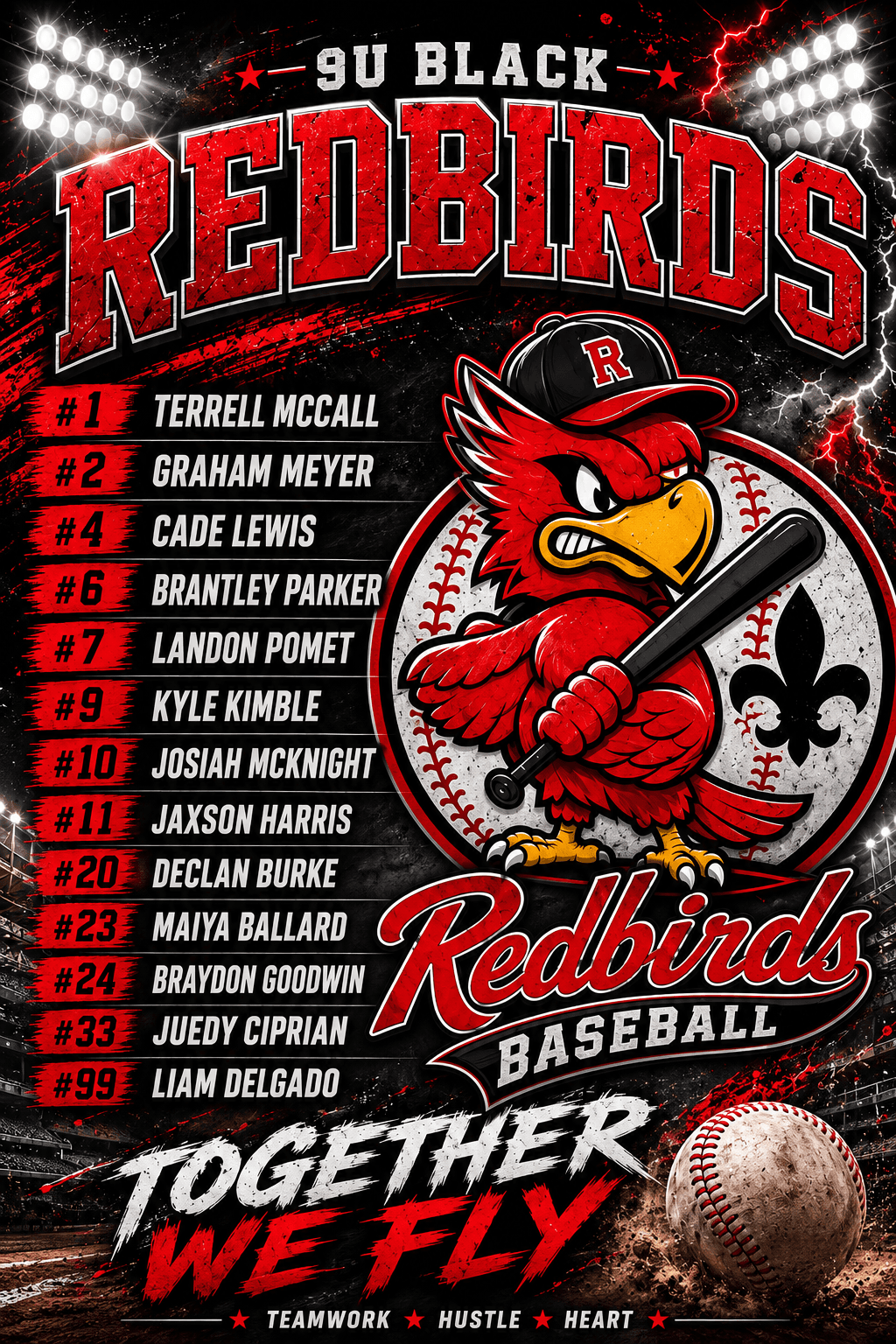 9U Black team roster graphic for the 2026–2027 season.