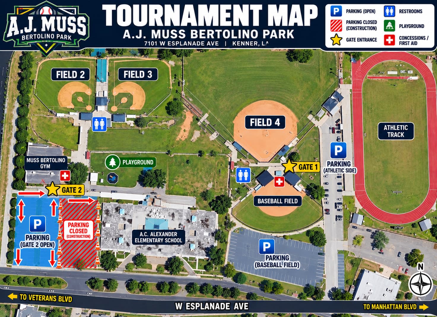Aerial tournament map of A.J. Muss Bertolino Park showing Fields 2, 3 and 4, the baseball field, both gate entrances, and the parking lots.